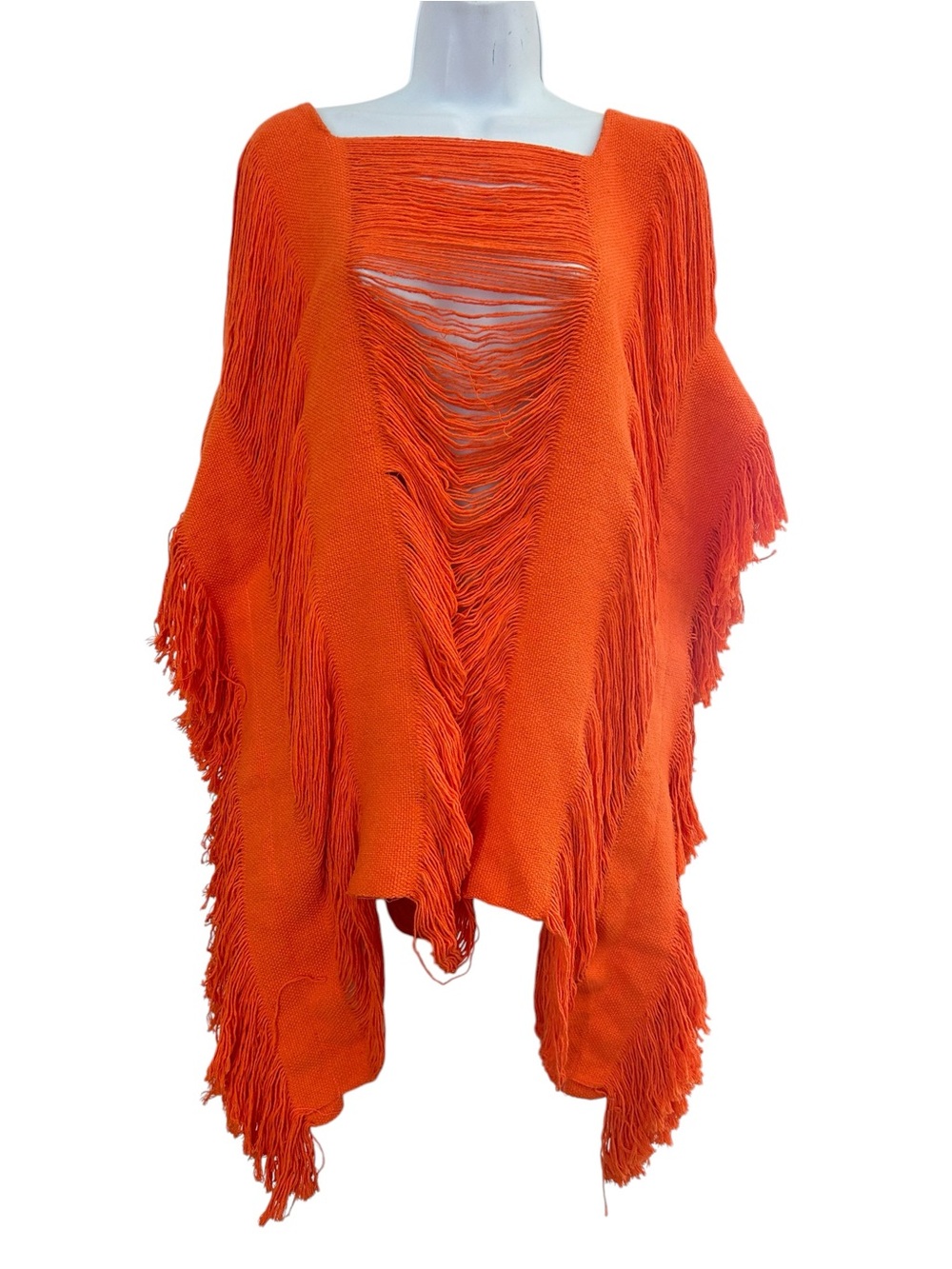Vintage Handmade Orange Fringe Knit Poncho Women's OSFM Cotton Boho Beach